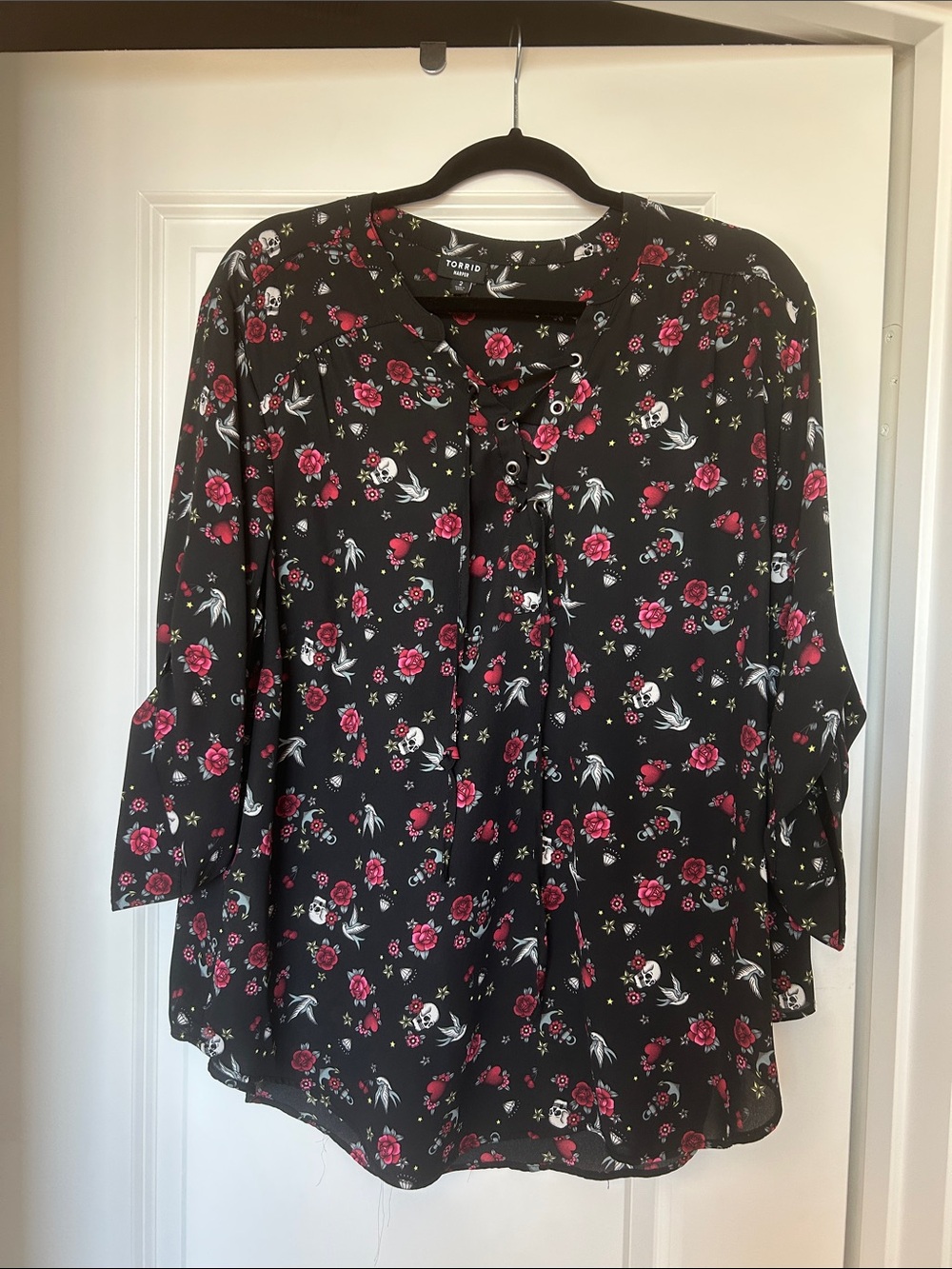 torrid Black Floral Lace-Up Blouse with Pink Roses